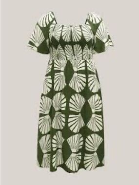 BloomChic Olive & White Geometric Puff Sleeve Midi Dress